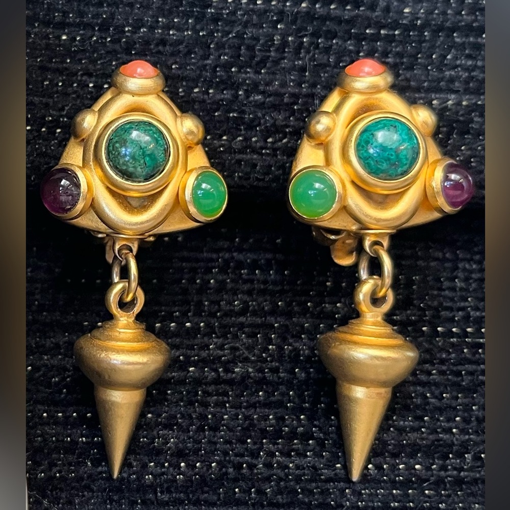 Vintage NATASHA STAMBOULI Byzantine-style Dangle Clip Earrings, mid 80’s